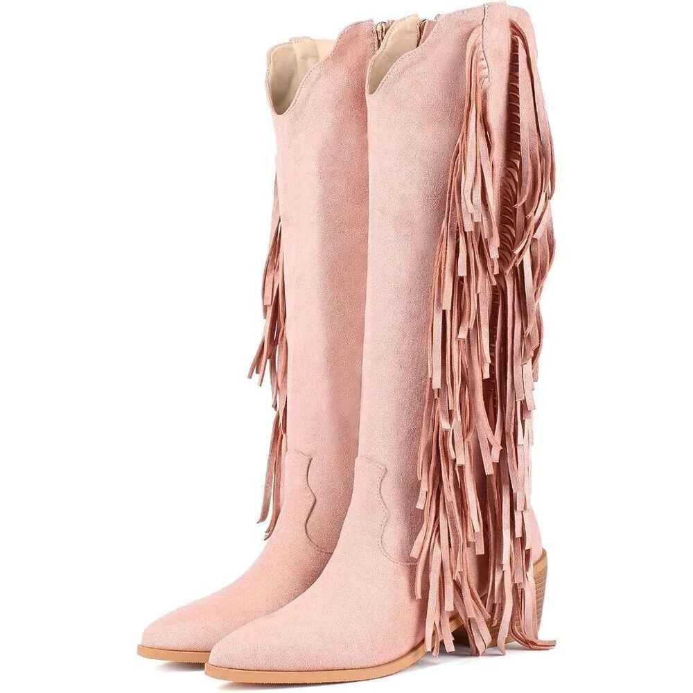 Women Pink Synthetic Fringe Tassels Pointed Toe Knee High Western Cowgirl Boots